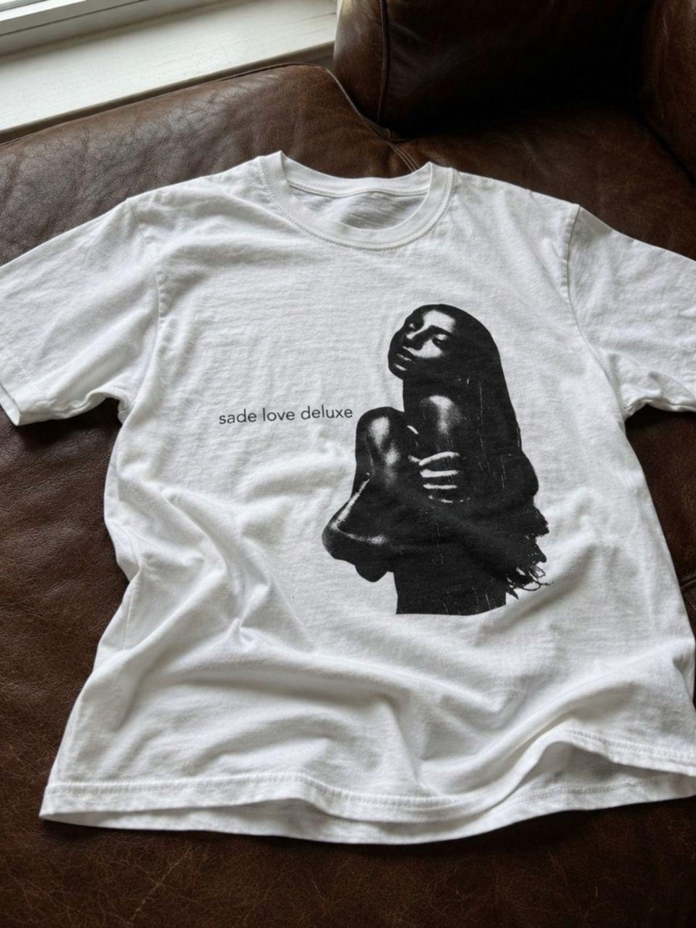 Gildan White Tee with Black 'sade love deluxe' Graphic